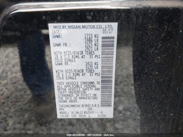 5N1DR2MM2HC690341 Nissan Pathfinder Sl
