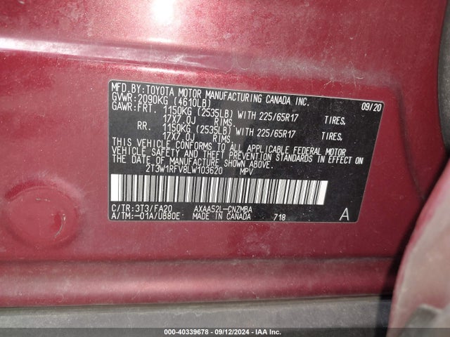 Toyota Rav4 Xle 2020 2T3W1RFV8LW103620 Image 9