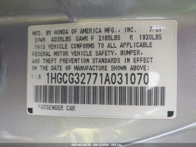 Продажа на аукционе авто 2001 Honda Accord 2.3 Ex, vin: 1HGCG32771A031070, номер лота: 40339720