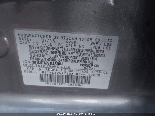 Nissan Versa 1.6 S+ 2018 3N1CN7AP7JL888062 Image 9