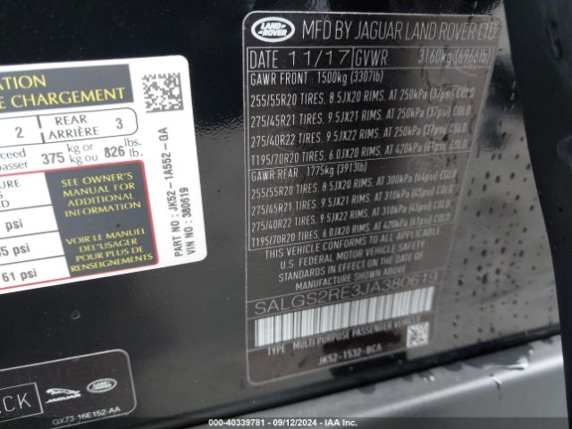 SALGS2RE3JA380619 Land Rover Range Rover 5.0l V8 Supercharged