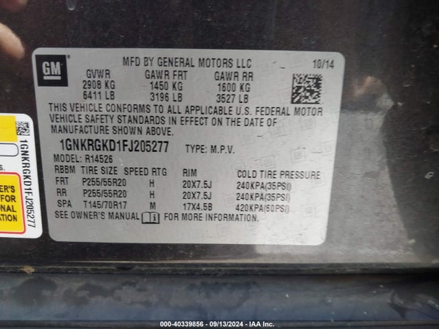 Chevrolet Traverse 1lt 2015 1GNKRGKD1FJ205277 Image 9