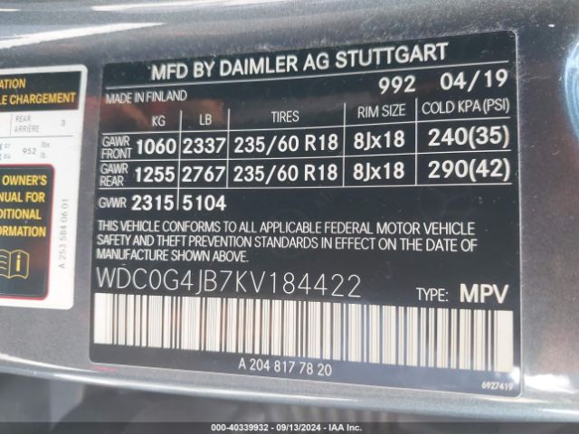 WDC0G4JB7KV184422 Mercedes-Benz GLC 300