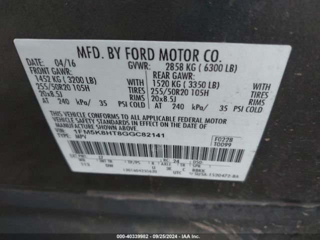 1FM5K8HT8GGC82141 Ford Explorer Platinum