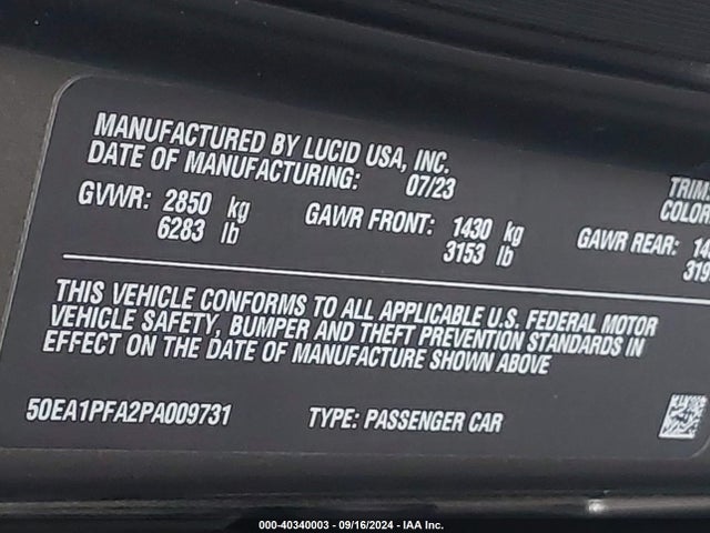 Lucid Air Pure 2023 50EA1PFA2PA009731 Image 9