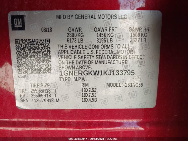 1GNERGKW1KJ133795 Chevrolet Traverse 1lt