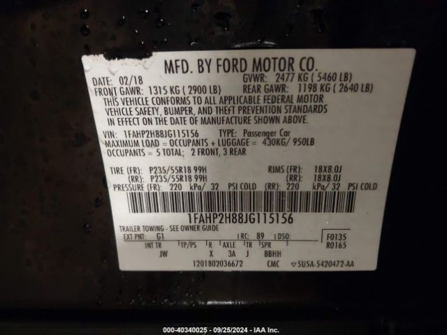 1FAHP2H88JG115156 Ford TAURUS SEL