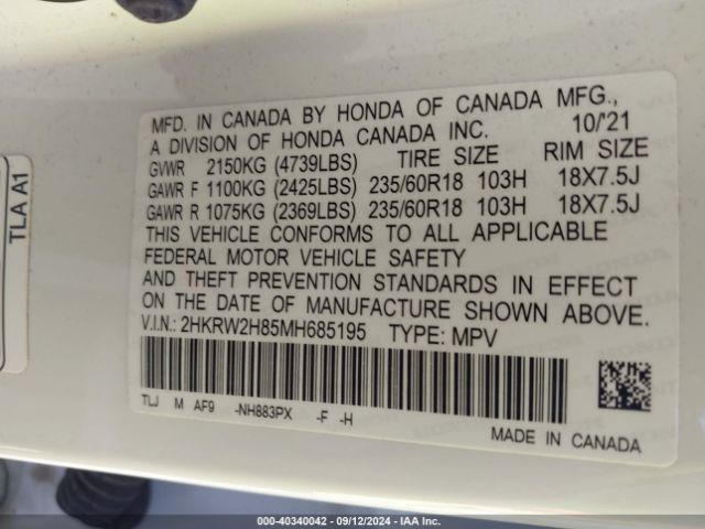 2HKRW2H85MH685195 Honda Cr-v Awd Ex-l