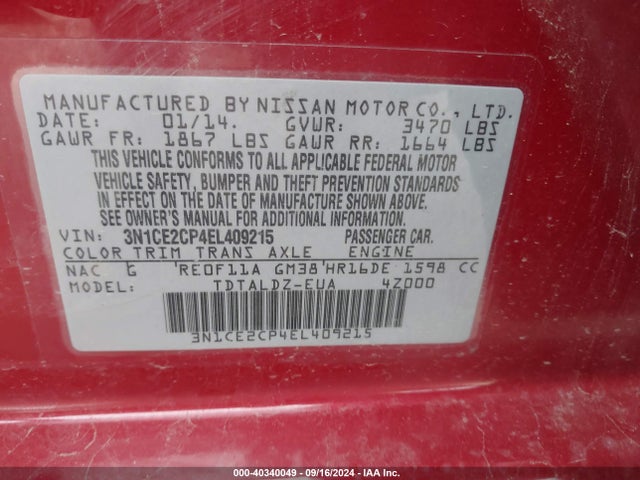 Nissan Versa Note S (sr)/s Plus/sv 2014 3N1CE2CP4EL409215 Image 9