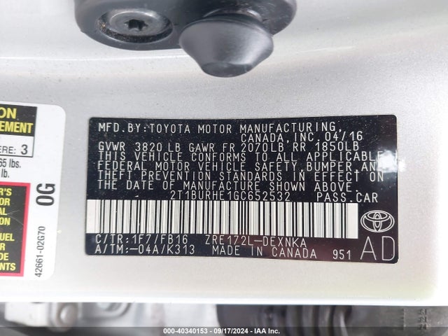 Toyota COROLLA LE 2016 2T1BURHE1GC652532 Image 9