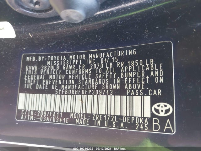 Toyota COROLLA L 2015 5YFBURHE0FP309743 Image 9