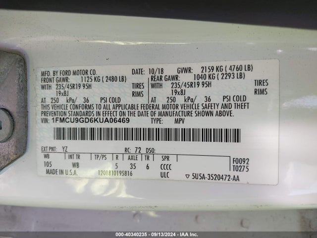 Ford ESCAPE SE 2019 1FMCU9GD6KUA06469 Image 9