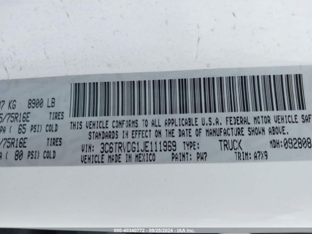 3C6TRVDG1JE111969 RAM Promaster 2500 High Roof 159 Wb