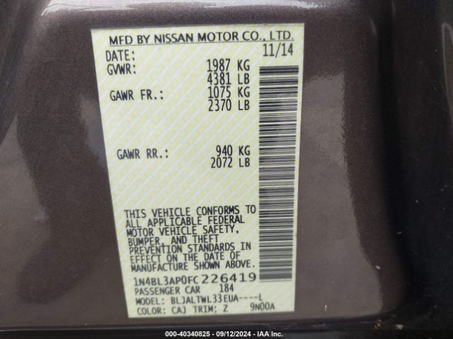 1N4BL3AP0FC226419 Nissan Altima 3.5 Sl
