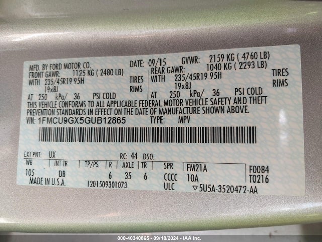Ford ESCAPE SE 2016 1FMCU9GX5GUB12865 Image 9