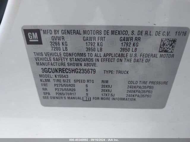 Chevrolet Silverado 1500 1lt/2lt 2017 3GCUKREC5HG235679 Image 9