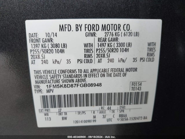 Ford EXPLORER XLT 2015 1FM5K8D87FGB08948 Image 9