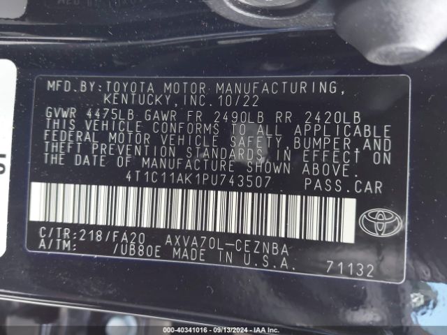 4T1C11AK1PU743507 Toyota CAMRY LE