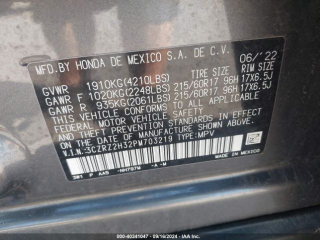 3CZRZ2H32PM703219 Honda Hr-v Awd Lx