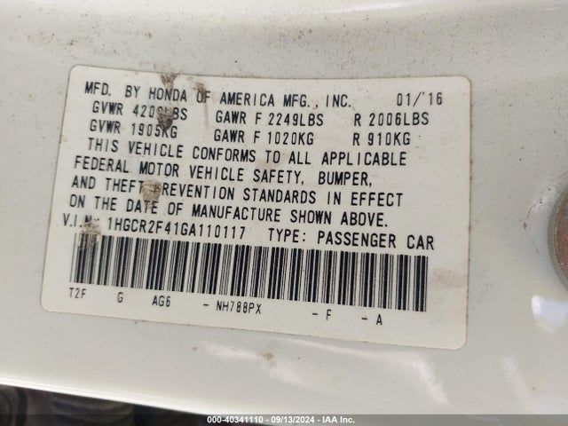 Honda ACCORD LX 2016 1HGCR2F41GA110117 Image 9