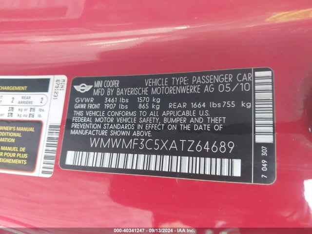 2010 MINI COOPER WMWMF3C5XATZ64689 Photo 8
