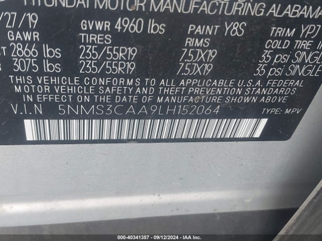 5NMS3CAA9LH152064 Hyundai Santa Fe Sel 2.0t