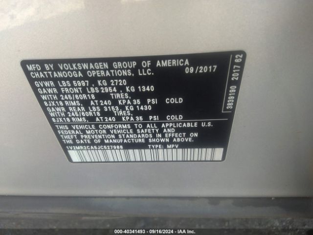 1V2MR2CA5JC527988 Volkswagen Atlas 3.6l V6 Sel