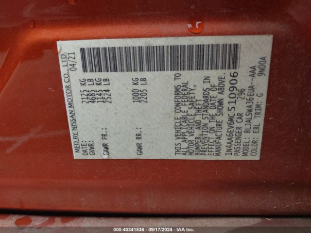1N4AA6EV6MC510906 Nissan Maxima Sr Xtronic Cvt
