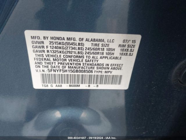 5FNYF5H15GB008506 Honda PILOT LX