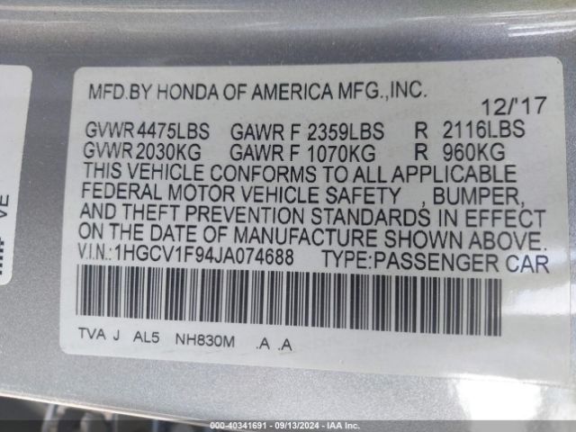 1HGCV1F94JA074688 Honda Accord Touring