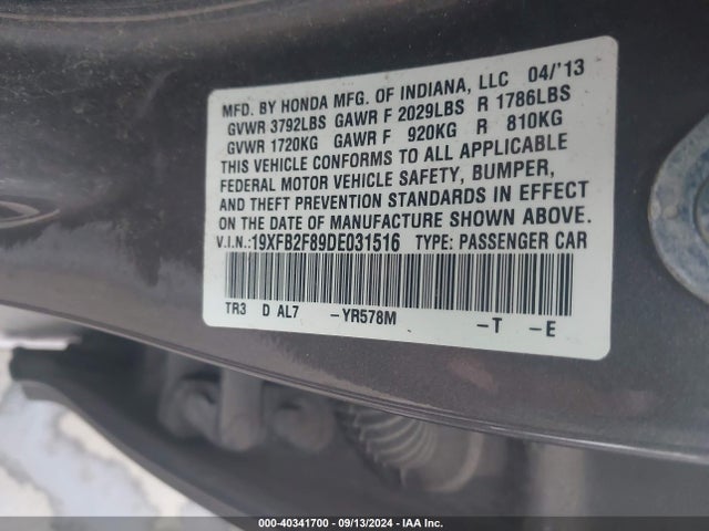 Продаж на аукціоні авто 2013 Honda Civic Ex, vin: 19XFB2F89DE031516, номер лоту: 40341700