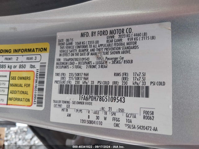Ford FUSION SE 2016 1FA6P0H78G5109543 Image 9
