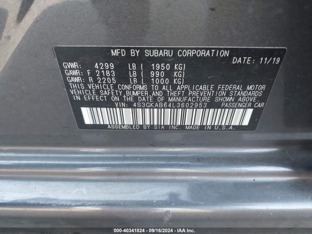 Subaru IMPREZA SEDAN 2020 4S3GKAB64L3602953 Image 9