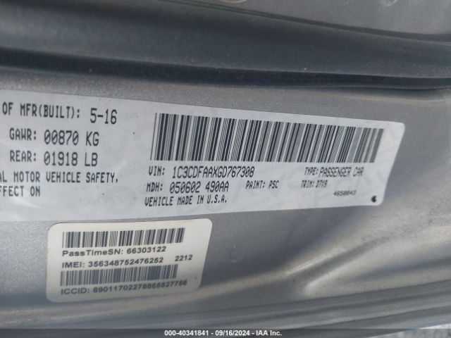 1C3CDFAAXGD767308 Dodge DART SE