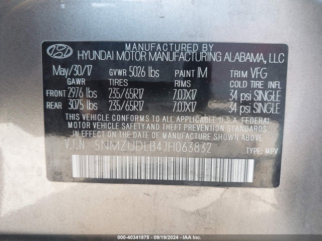 5NMZUDLB4JH063832 Hyundai Santa Fe Sport 2.4l