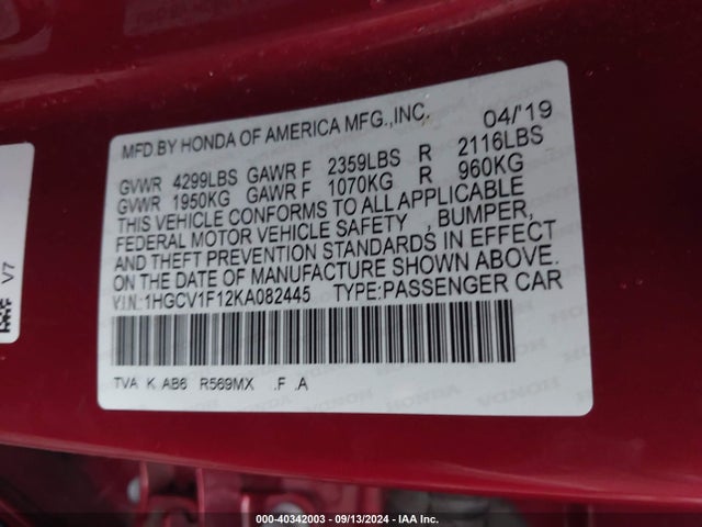 Honda ACCORD LX 2019 1HGCV1F12KA082445 Image 9