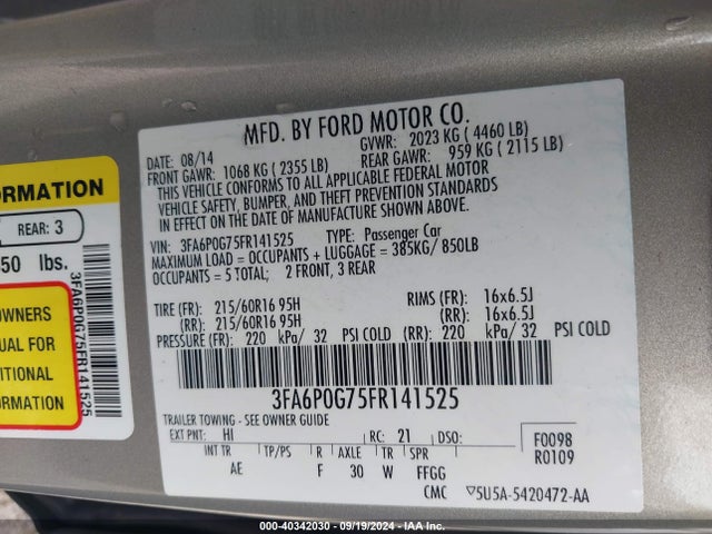 Ford FUSION S 2015 3FA6P0G75FR141525 Image 9