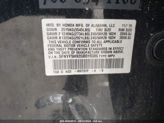 5FNYF5H92GB019386 Honda Pilot Touring