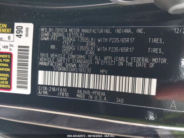 5TDKRKEC6RS189230 Toyota SIENNA LE
