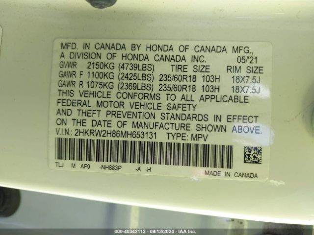 2HKRW2H86MH653131 Honda Cr-v Awd Ex-l