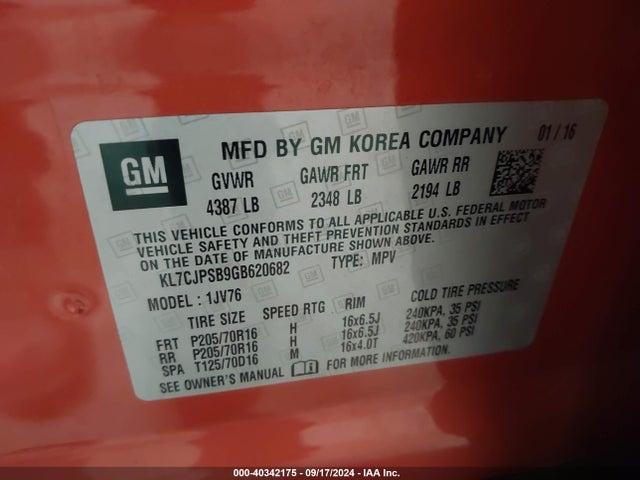 Chevrolet Trax Lt 2016 KL7CJPSB9GB620682 Image 9