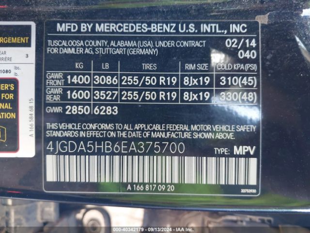 4JGDA5HB6EA375700 Mercedes-Benz Ml 350 4matic