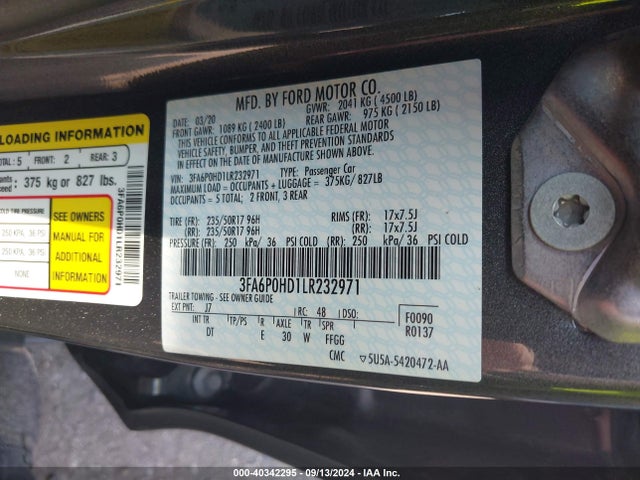 Ford FUSION SE 2020 3FA6P0HD1LR232971 Image 9