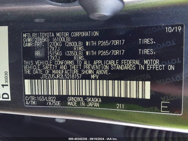Toyota 4runner Sr5 Premium 2020 JTEZU5JR2L5218157 Image 9