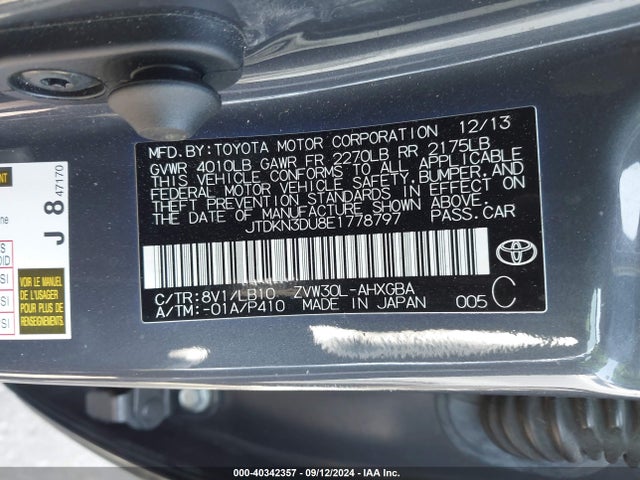 Toyota Prius Four 2014 JTDKN3DU8E1778797 Image 9