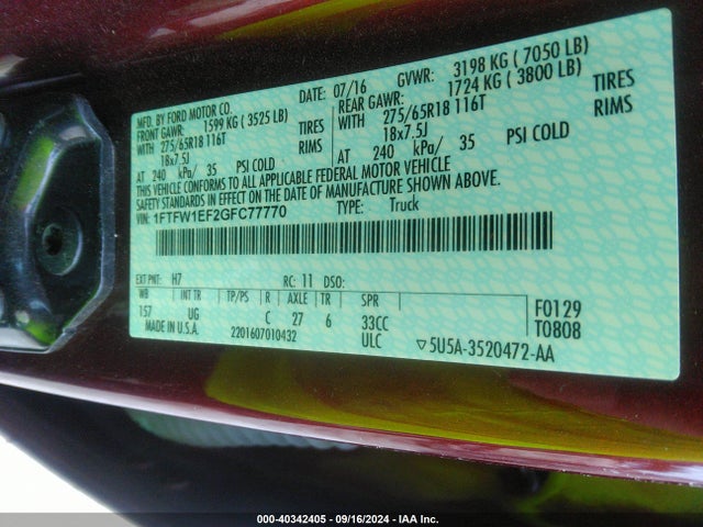 1FTFW1EF2GFC77770 Ford F-150 Xlt