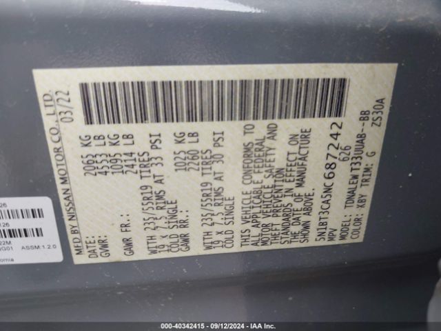 5N1BT3CA5NC687242 Nissan Rogue Sl Fwd