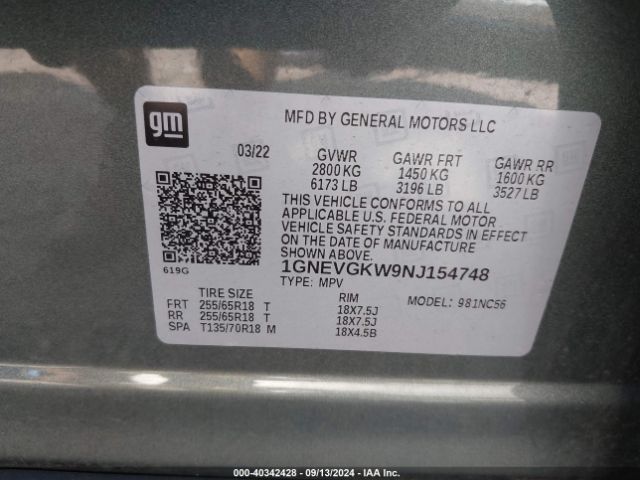 1GNEVGKW9NJ154748 Chevrolet Traverse Awd Lt Cloth
