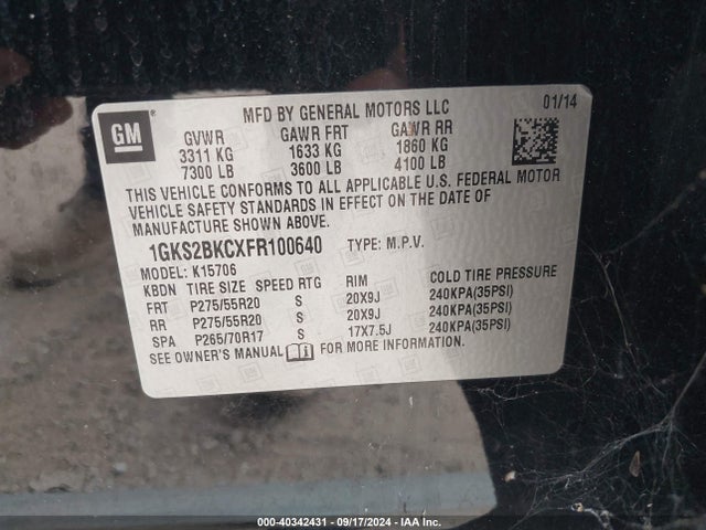 1GKS2BKCXFR100640 GMC YUKON SLT