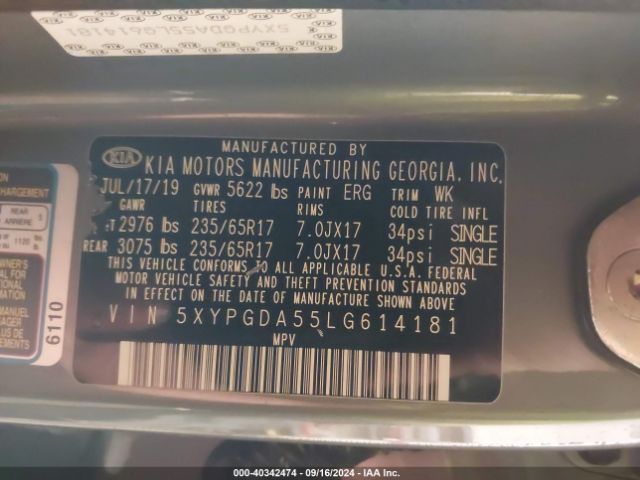 5XYPGDA55LG614181 KIA Sorento 3.3l Lx
